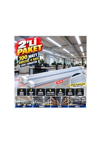 2 Li Paket 100 Watt 4 Sira Led Kristal Plastik Armatür, 120 Cm, Ofis Ve Fabrikada Beyaz - 939568177 Beyaz