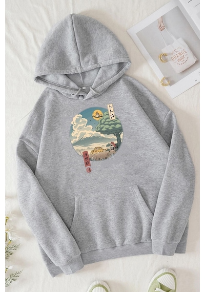 Uyguntarz Unisex Neighbor's Ukiyo E Baskılı Sweatshirt Gri