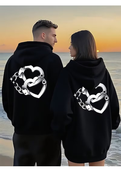 Nevermind Sevgili Çift Kombin Kapüşonlu Sweatshirt Forever&together Baskı Siyah