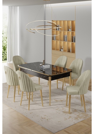 Canisa Rada Serisi 80x132 Açılabilir Lak Panel Siyah Mermer Desen Masa 6 Krem Sandalye Gold Detay Masa Siyah Mermer Desen Sandalye Krem Gold Ayak Canisa Rada Serisi 80x132 Açılabilir Lak Panel Siyah Mermer Desen Masa 6 Krem Sandalye Gold Detay Masa Siyah Mermer Desen Sandalye Krem Gold Ayak