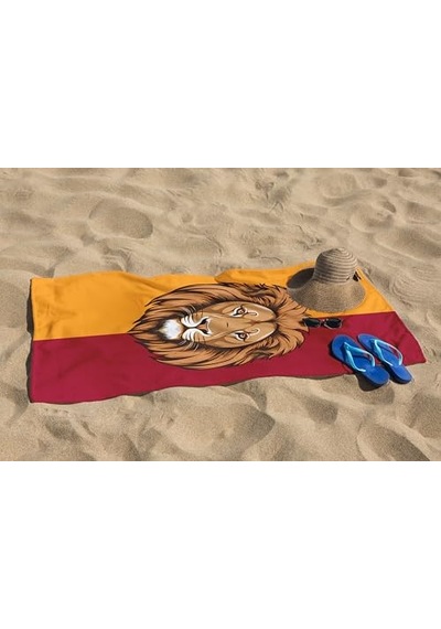 Sarı Kırmızı Aslan Dijital Baskılı Plaj Havlusu Unisex Plaj Havlusu Deniz Havlusu Açık Bej