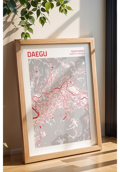 Daegu Güney Kore Haritası Çerçeveli Tablo Lüks Salon Ofis Duvar Dekorasyonu Hediyelik Tablo Kayın
