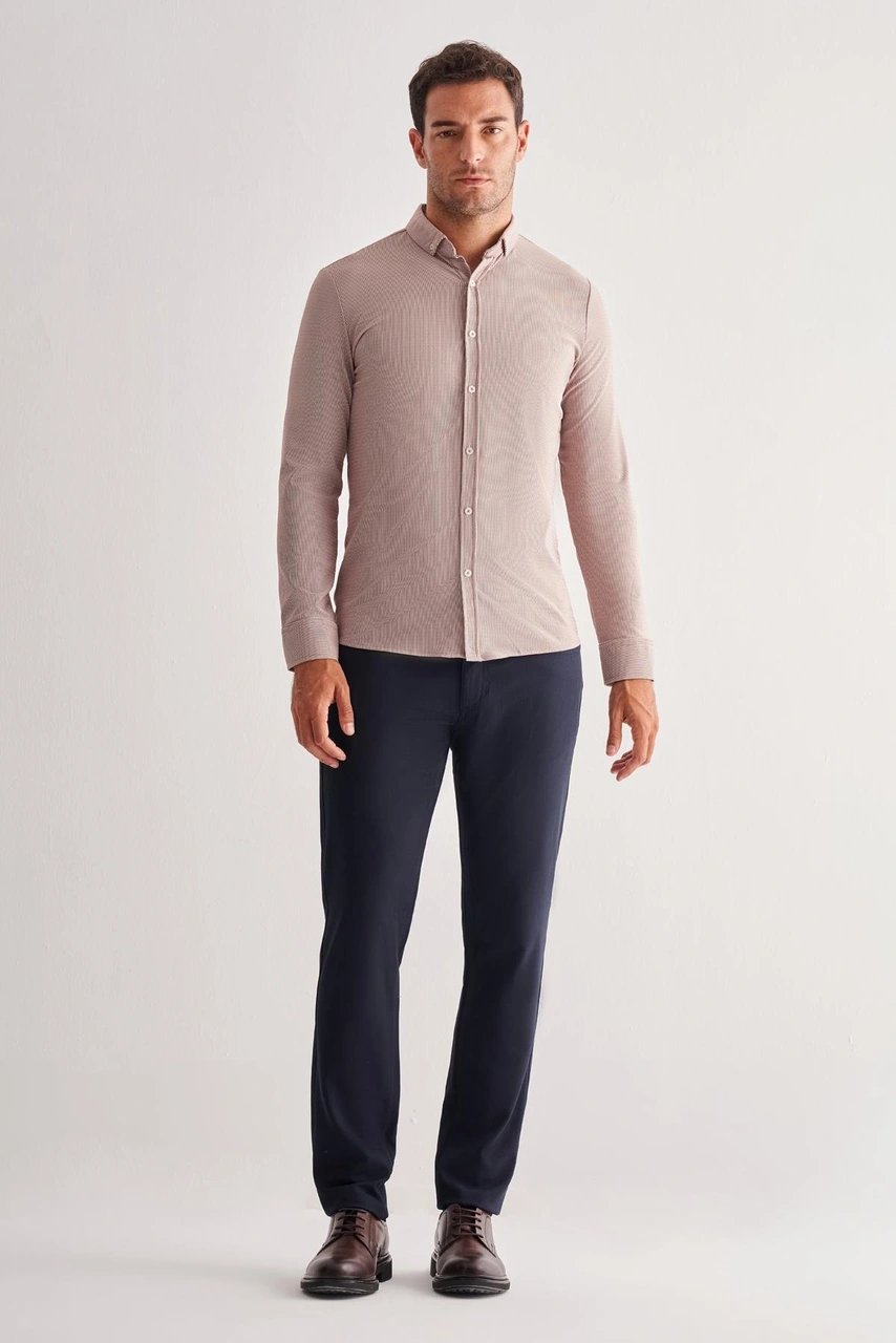 İmza Koyu Kahverengi Smart Düğmeli Yaka Uzun Kol Cepsiz Slim Fit Casual Gömlek 1004255165 Kahverengi