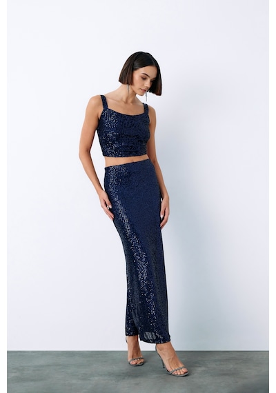Sateen Pul Payetli Midi Etek - Lacivert-135193 Lacivert