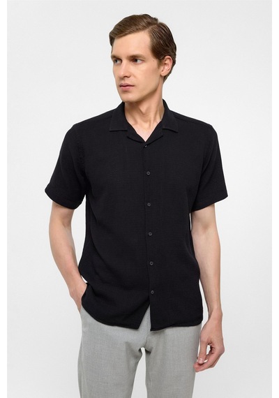 Süvari Siyah Slim Fit Düz Apaş Yaka Gömlek