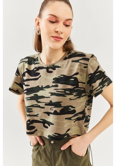 Kadın Oversize Rahat %100 Pamuklu Penye Bisiklet Yaka Kısa Kol Basic Crop T-shirt Kamuflaj