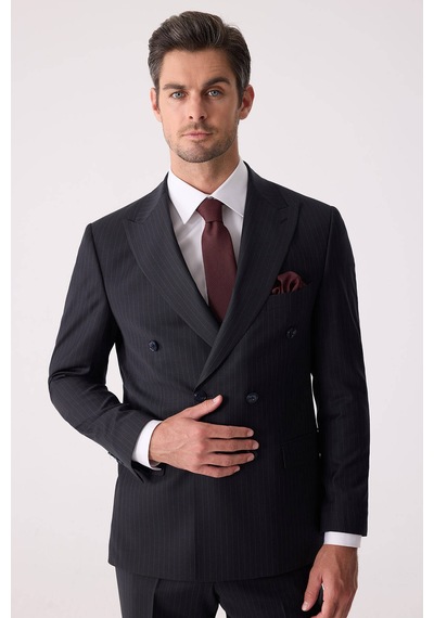 Erkek Lacivert Çizgili Slim Fit %100 Yün Çizgili Kruvaze Takım El