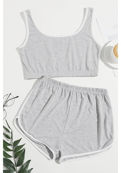 Alfa Aksesuar 03 Kadın Gri Askılı Crop Top Ve Şortlu Gecelik Takım
