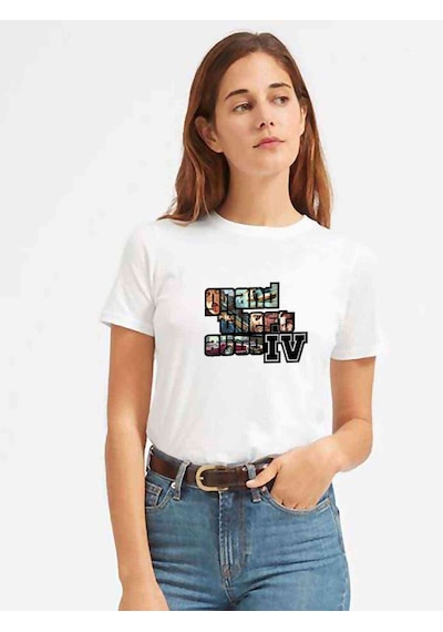 Gta V Yazı Ve Logo Kadın Beyaz Tshirt