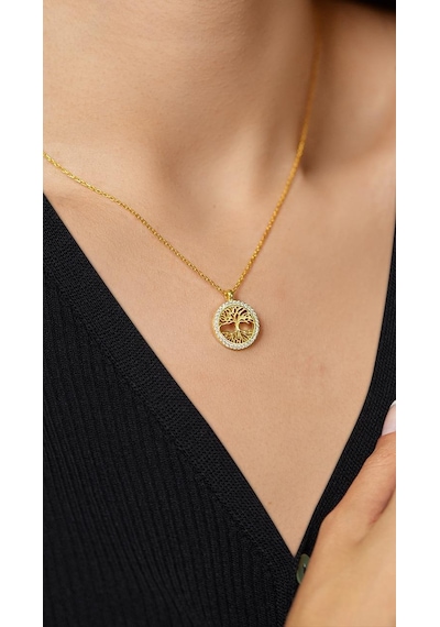 Erdobia Zirkon Taşlı Gold Yaşam Ağacı Gümüş Kolye N10106