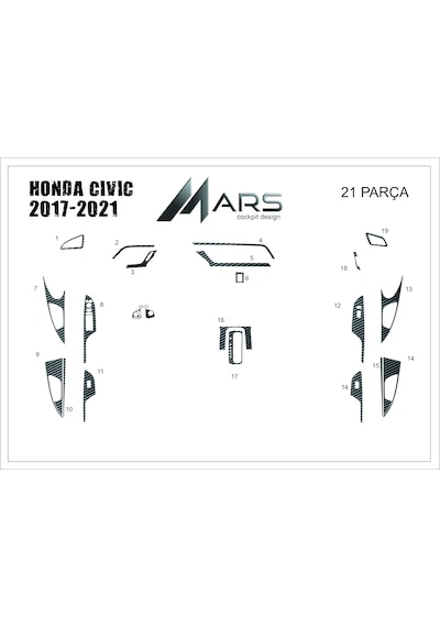Honda Civic Torpido Kaplama 2017-2021 21 Parça Siyah Karbon