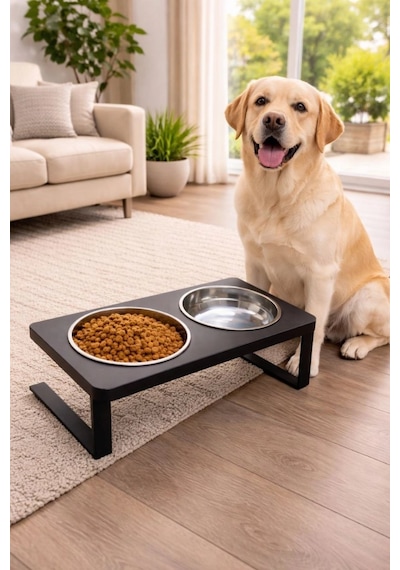 Reyo Ok-ay Store Radessa Xl Yüksek Standlı Çift Hazneli Mama Ve Su Kabı, Büyük Ve Orta Boy Köpek Ve Kedi Su Kabı Paslanmaz Çelik Siyah