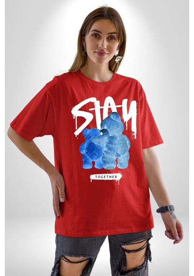 Birlikte Kal Pamuklu Bisiklet Yaka Unisex Oversize Boyfriend Dijital Baskılı Kırmızı T-shirt Kırmızı