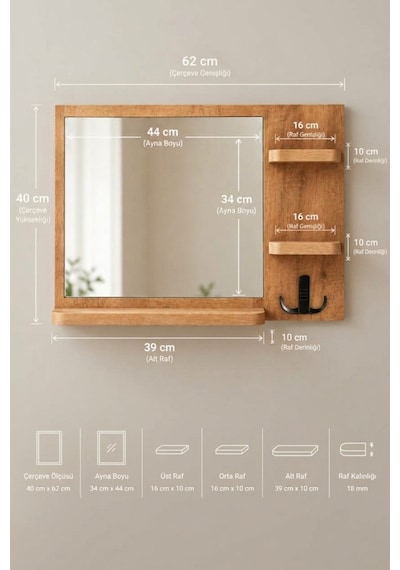Antik Ahşap Dekoratif Ayna Raflı Askılıklı Ayna Banyo Lavabo Wc Aynası Oda Dresuar Koridor Konsol Mutfak Makyaj Aynası Ynr-04x Atlantik Çam