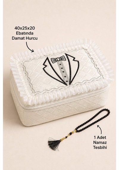 Damat Motifli Damat Bohçası Hediyelik Çeyizlik Damat Seccade / Seccade Seti 3 Parça Hurç/seccade/tesbih Siyah