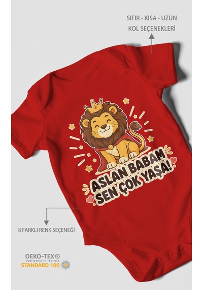 Morivokids Aslan Babam Sen Çok Yaşa Kısa Kollu Bebek Body %100 Pamuk Kırmızı