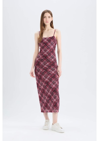 DeFacto Bodycon Vücudu Saran Kareli Tül Askılı Maxi Elbise D5034AX25SPBR248