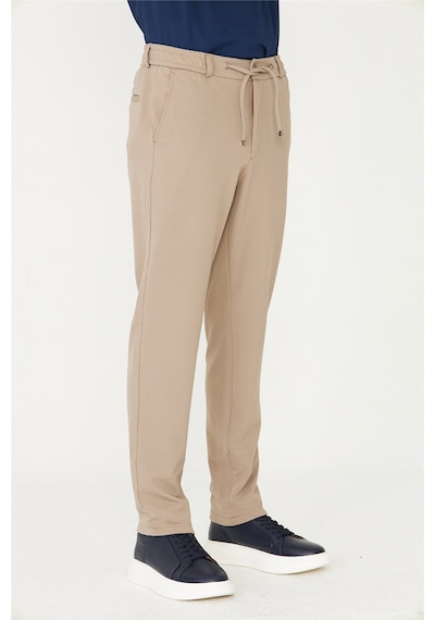 Bej İnce Çizgili Dokulu Modern Kesim Bağcıklı Smart Casual Pantolon VİZON Bej İnce Çizgili Dokulu Modern Kesim Bağcıklı Smart Casual Pantolon VİZON