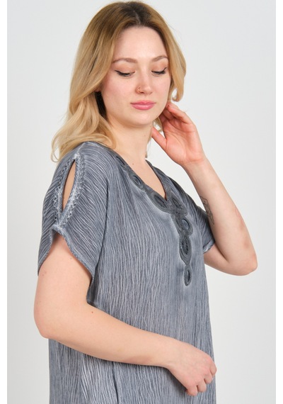 Ella Camelia Kadın Omuz Detaylı Çift Cepli Kendinden Desenli Elbise 19e074 Indigo Indigo