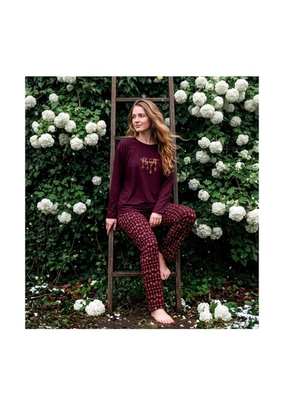Pijamoni Kadın Sofya Kumaş Bisiklet Yaka Pijama Takımı Bordo