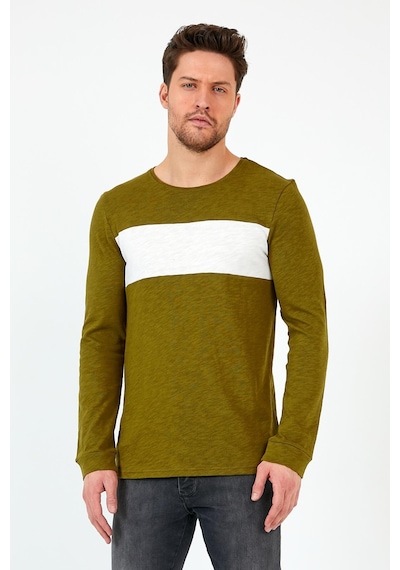 MMetalic Haki Unisex Regular Fit Bisiklet Yaka Uzun Kollu Şeritli Sweat Haki
