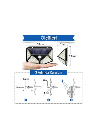 100 Led'li Güneş Enerjili Solar Duvar Apliği - 1200 Lümen Hareket Sensörlü 3 Modlu Bahçe Aydınlatması, Duvar Ar Diğer