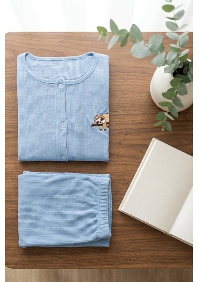 Mataş Kadın Ayıcık Desenli Bambu Viskon Kısa Kollu Yumuşak Soft Örme Pijama Takımı Mavi