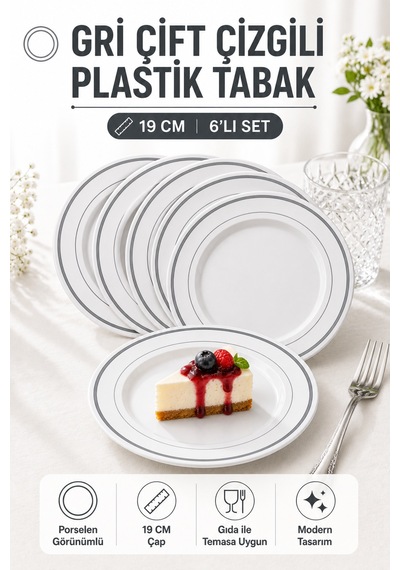 6'lı Set I Gümüş Çift Çizgili 19 Cm Plastik Tabak Porselen Görünümlü Davet Ve Misafir Sofraları