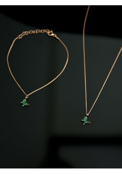 Papatya Silver 925 Ayar Gümüş Rose Kaplama Taşlı Kelebek Kolye Bileklik Set