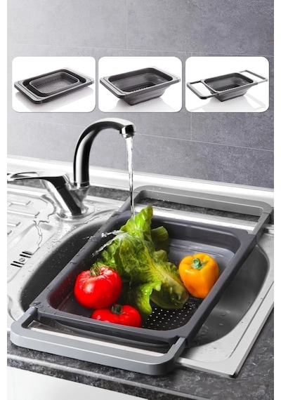 Silikon Büyük Boy Akordiyon Katlanabilir Lavabo Süzgeci - Evye Üstüne Asılabilen Kollu Süzgeç 5,5lt Gri - Siyah