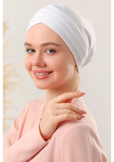 Melodi Scarf Kadın Üç Bantlı Çapraz Hazır Türban Dış Bone Beyaz Beyaz