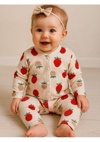 Zekids Kız Bebek Pamuku Çilek Desenli Pijama Takımı-16296 Çok Renkli