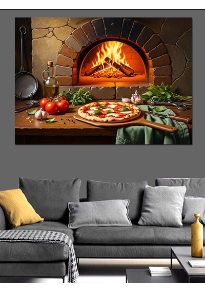 Odun Ateşinde Pişen Taş Fırın Pizza Dekoratif Kanvas - Mdf Ahşap Tablo