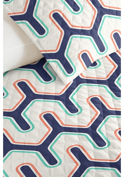 Lacivert Geometrik Genç Odası Tek Kişilik Pike Takımı - Mint Retro 160x220 Cm Kapitone Yatak Örtüsü Doğal Sazlık Sırları