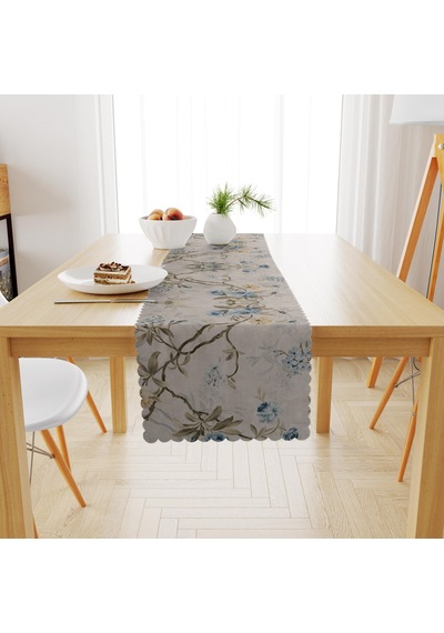 Sarmaşık Çiçek Desenli Gri Zemin Mavi Tarçın Dijital Baskılı Petek Dokuma Runner 40x140