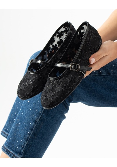 Dabab Shoes Lorena Kadın Siyah Çiçek Nakışlı Tül Mary Jane Babet