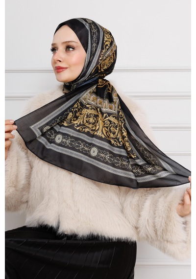 Sevitli Versace Desenli Hint İpeği Şal-siyah-4531