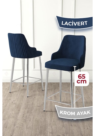 Canisa Tera Serisi 4 Adet Babyface Kumaş 65 Cm Krom Kaplama Ayaklı Lacivert Bar Sandalyesi Lacivert Sandalye Krom Kaplama Ayak