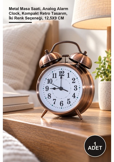 1 Adet Metal Çalar Saat Metal Masa Saati, Analog Alarm Clock, Kompakt Retro Tasarım, İki Renk Seçeneği, 12,5x9 Cm Diğer
