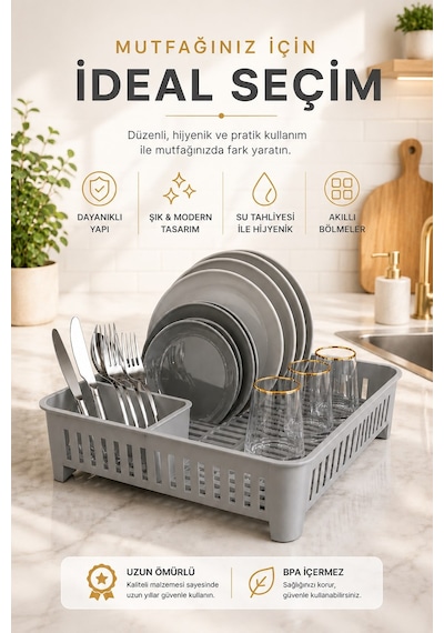 Sas Haus Bulaşıklık Tezgah Üstü Tabak Bardak Kurutmalık Plastik Bulaşık Sepeti 33x41 Cm Gri S-10567