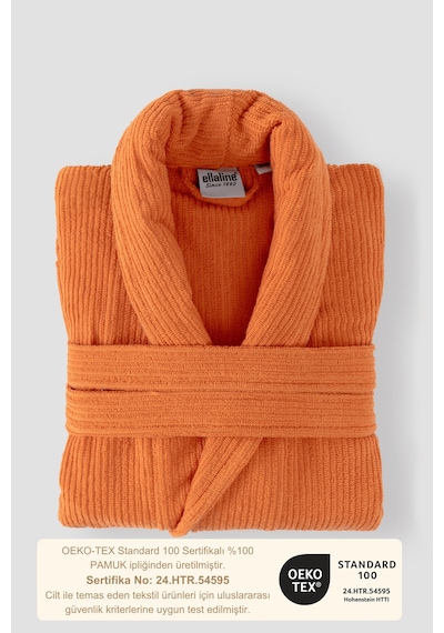 Turuncu Çizgili Bornoz %100 Sertifikalı Pamuk Şal Yaka Unisex Banyo Bornoz / Sabahlık 340 Gr/m2