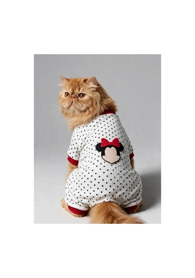 Polka Dot Rouge Minny Kedi Tulumu Siyah Beyaz Puantiyeli Penye Kedi Pijaması