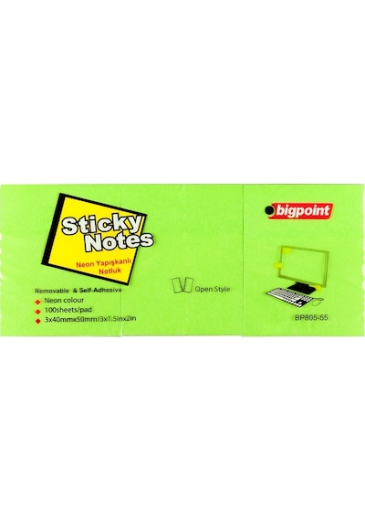 Bigpoint Yapışkanlı Not Kağıdı 3'lü 40x50mm Neon Yeşil 4'lü Paket