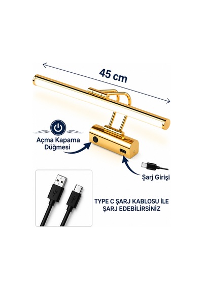 Flüt Aplik / 45cm / Şarjlı Led Aplik / Type-c Usb Kablosuz Duvar Lambası 8w Gün Işığı 3000k Gold