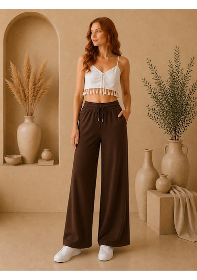 Mitodo.com Casual Örme Kumaş 2 Cepli Belden Ayarlamalı Pantolon Koyu Kahve