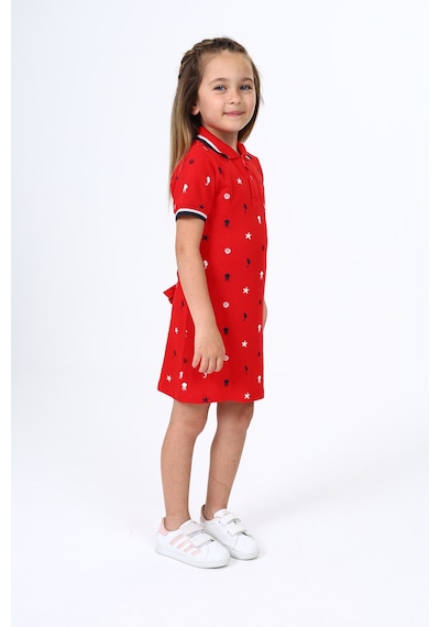 Toontoy Kız Çocuk Polo Yaka Çıtçıtlı Baskılı Elbise Kırmızı