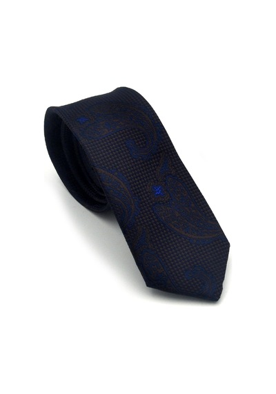 Gaffy Lacivert Kahverengi Şal Desenli Dokuma Kumaş Mendilli Slim Fit Kravat // Sdk-2604-2 Lacivert