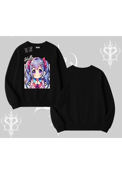 Startmore Biskilet Sweatshirt Hello Anime Kız Sevimli Karakter Baskılı Siyah