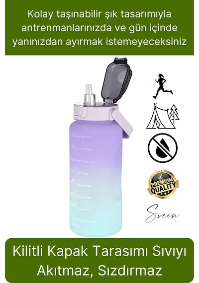 Premium 2 Lt Pipetli Kilitli Sızdırmaz Kapaklı Kamp Sağlıklı Motivasyon Suluk Matara Spor Su Şişesi