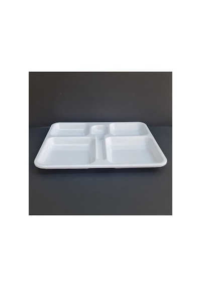 12 Adet %100 Kırılmaz Melamin 5 Bölmeli Tabldot Yemek Servis Tabağı - 34x28 Cm Beyaz Beyaz